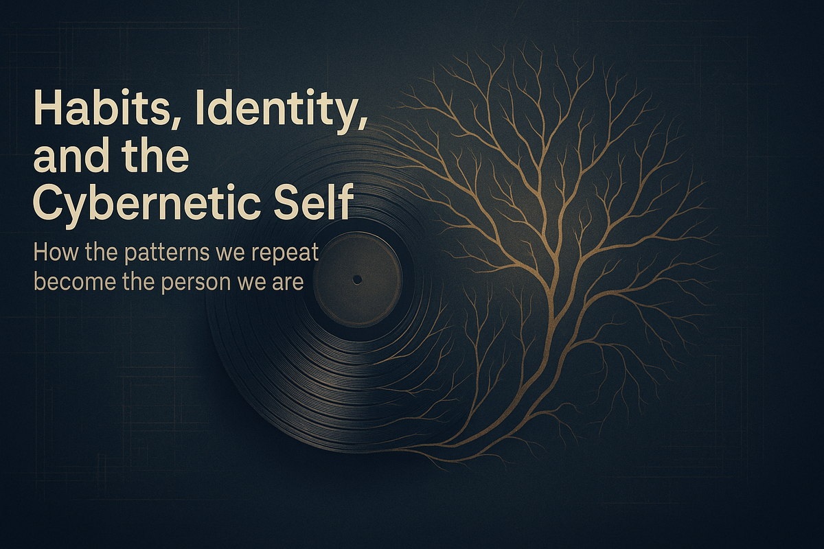 A vinyl record’s grooves merge into neural pathways over faint blueprints, symbolizing how habits shape identity. Text overlay: “Habits, Identity, and the Cybernetic Self.”
