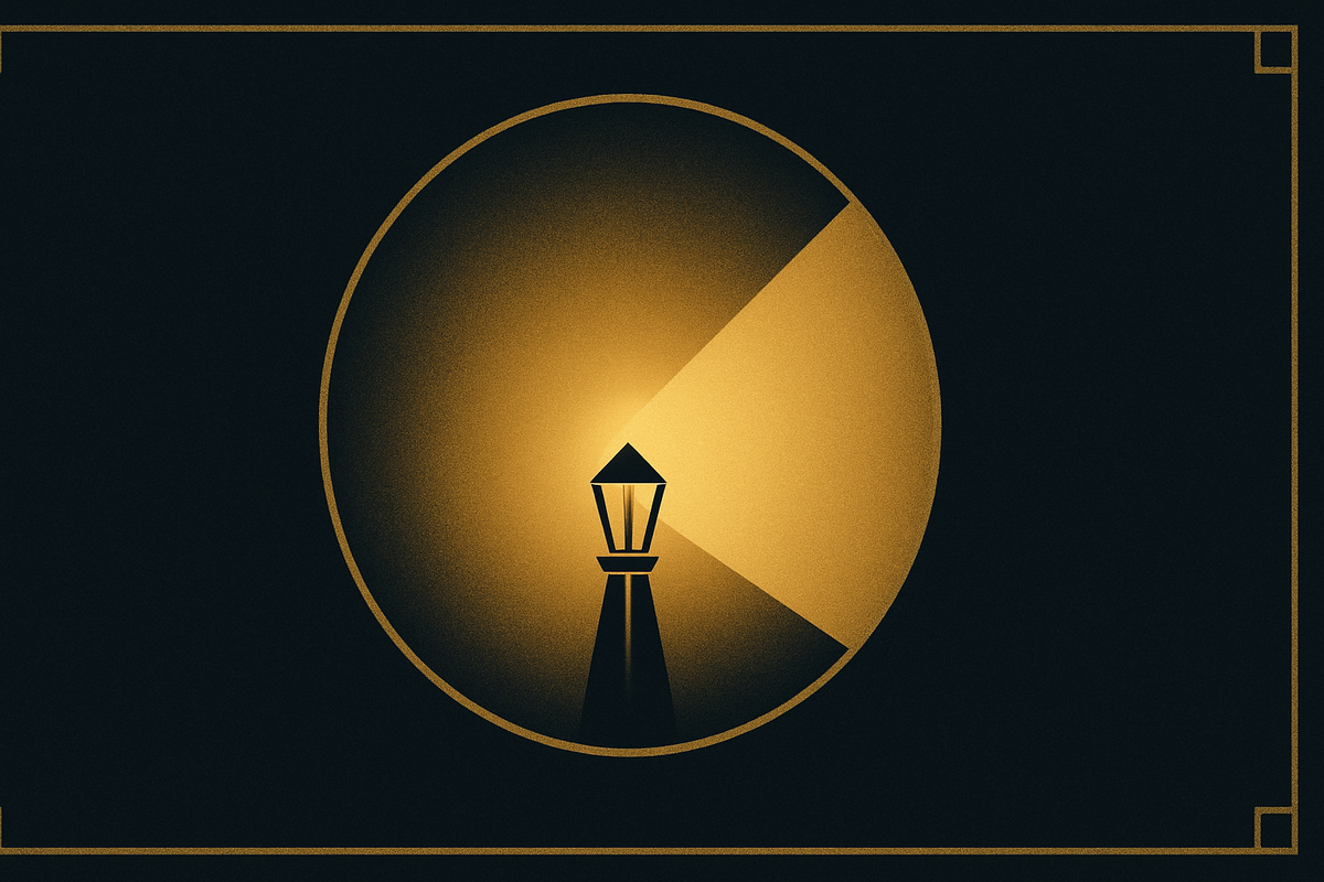A gold Art Deco beacon glows at the center of a circle, its light filling the interior but stopping sharply at the boundary, with darkness outside and a geometric gold border.