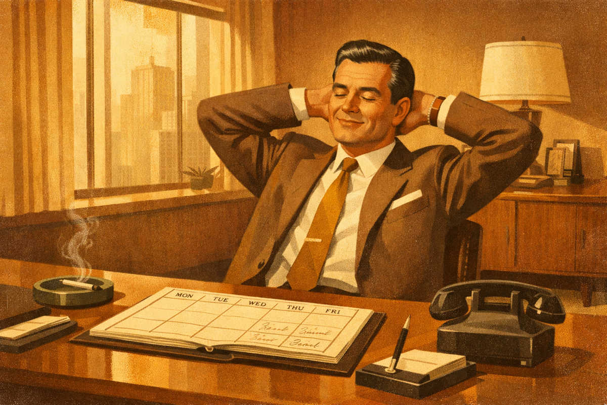 10:14 PM1950s illustration of a relaxed businessman, eyes closed, hands behind his head, open weekly planner on his desk, city skyline through the window. The weight has lifted.