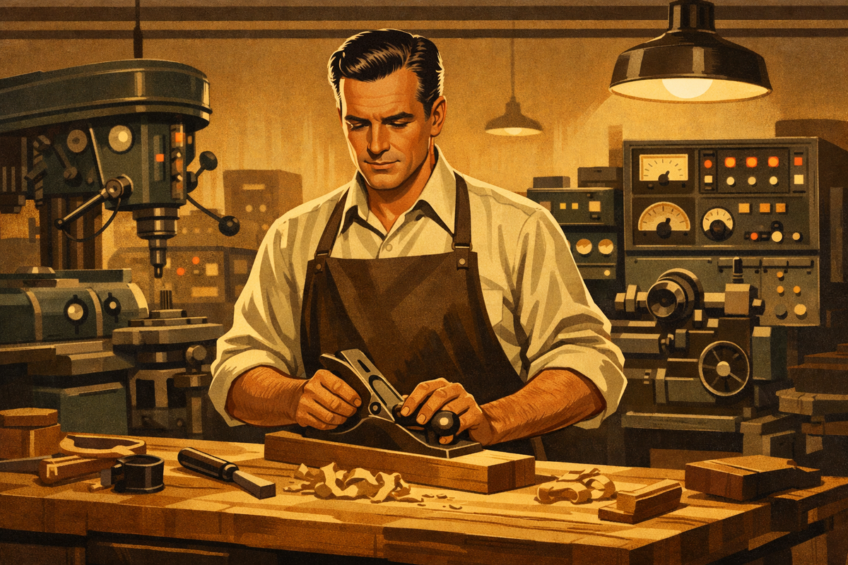 A 1950s craftsman stands at a workbench holding a hand tool, surrounded by humming machines, his calm focus contrasting with the automated activity behind him.