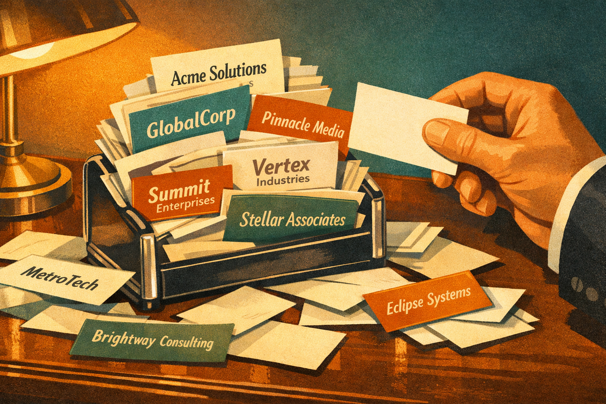 A overflowing business card holder on a mahogany desk, each card bearing a different company name, while a suited hand reaches in to add one more.