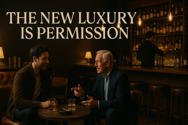 Two men in warm conversation at an intimate, upscale bar with golden lighting and a bartender in the background. Text reads “The New Luxury Is Permission.”