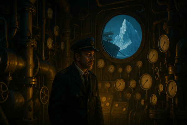 A weary ship captain stands in a glowing engine room as a massive iceberg looms through a porthole, the unmanned bridge above showing the ship is moments from collision.