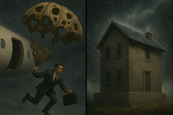 A man falls from a plane with a shredded parachute beside a sturdy grounded house that stands firm while wind and rain crash around it.