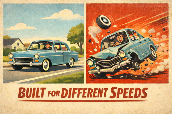 1950s split-screen ad showing a calm sedan cruising safely on the left and the same car failing at high speed on the right, with a wheel flying off.