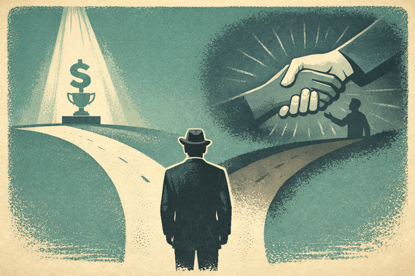 Vintage 1950s-style illustration of a businessman at a crossroads, choosing between a spotlighted trophy path and a humble path glowing from an act of helping.
