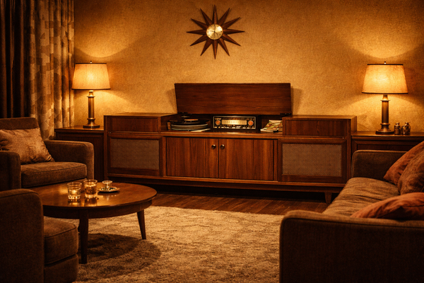 Mid-century modern interior with warm walnut millwork, amber walls, and a built-in stereo console designed as part of the room. No text overlay.