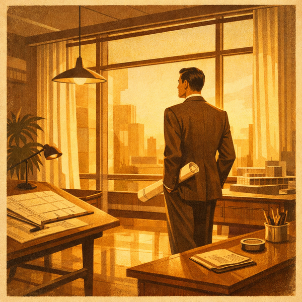 A 1950s-style illustration of an architect standing in golden light inside a mid-century modern interior, holding blueprints and contemplating the space.