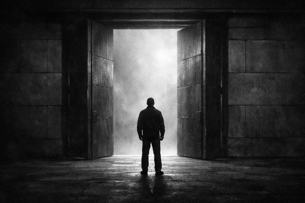 A silhouetted figure stands before a massive, partially open doorway, light spilling from an unseen chamber into a dark, monumental interior.